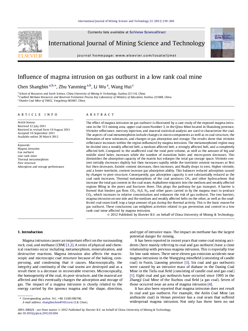 Influence of magma intrusion on gas outburst in a low rank coal mine