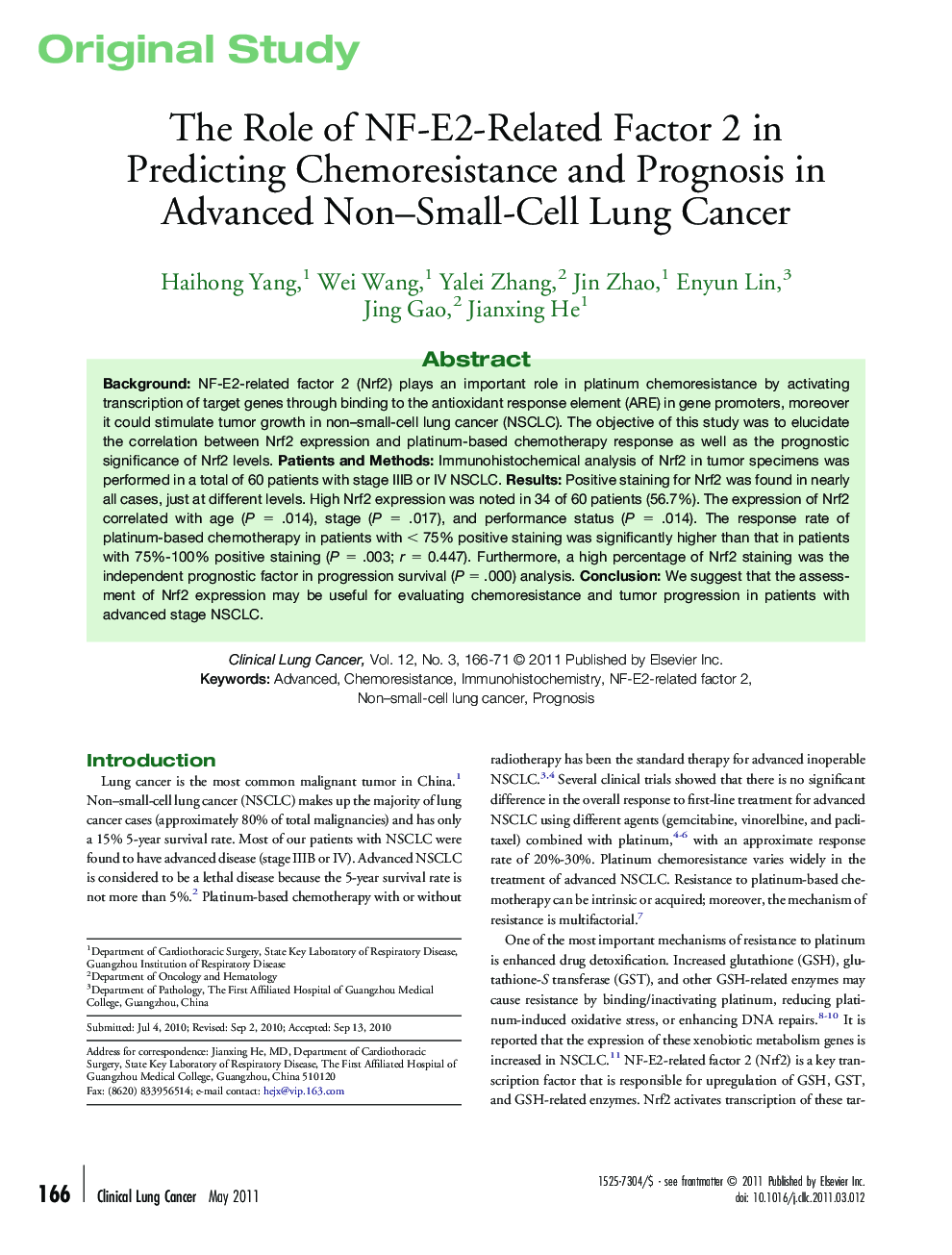 The Role of NF-E2-Related Factor 2 in Predicting Chemoresistance and Prognosis in Advanced Non–Small-Cell Lung Cancer