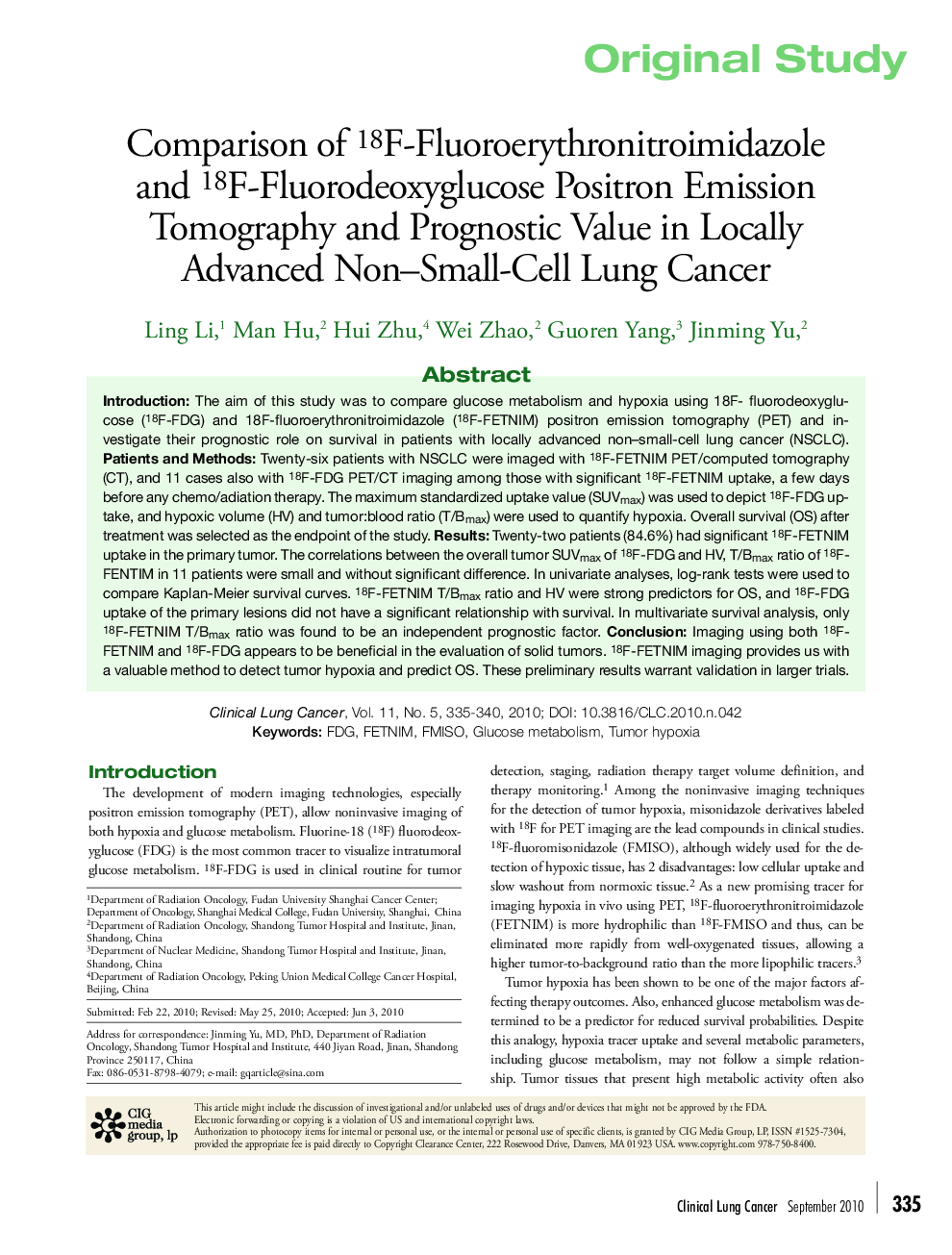 Comparison of 18F-Fluoroerythronitroimidazole and 18F-Fluorodeoxyglucose Positron Emission Tomography and Prognostic Value in Locally Advanced Non–Small-Cell Lung Cancer 