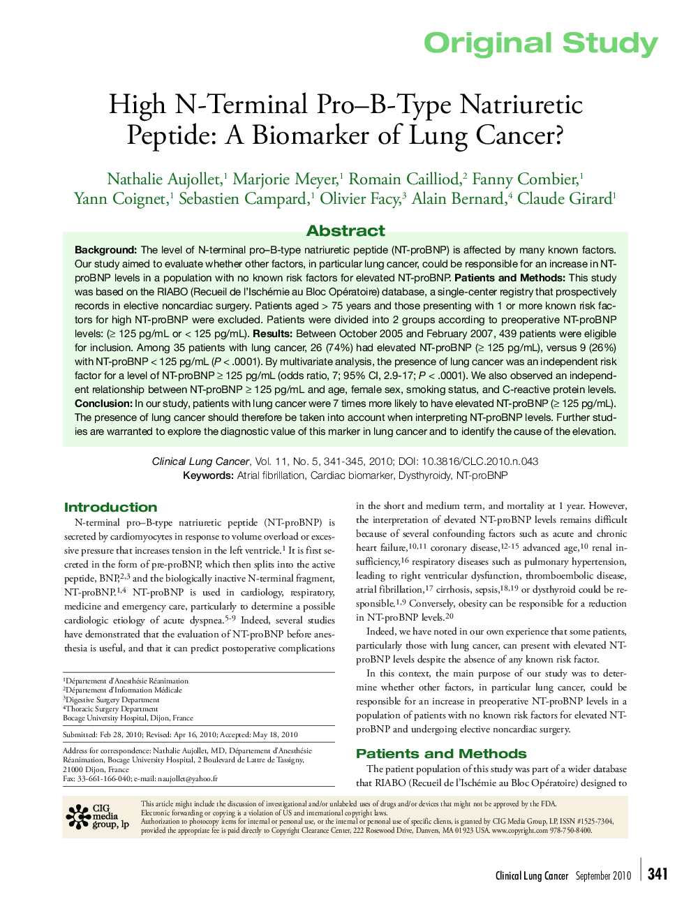 High N-Terminal Pro–B-Type Natriuretic Peptide: A Biomarker of Lung Cancer? 