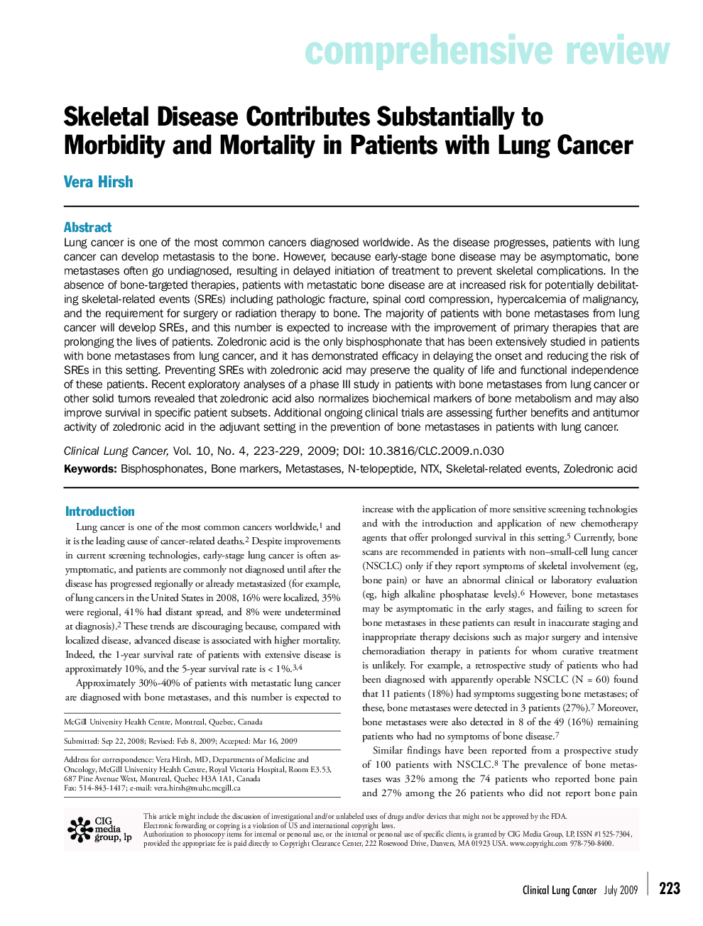 Skeletal Disease Contributes Substantially to Morbidity and Mortality in Patients with Lung Cancer 