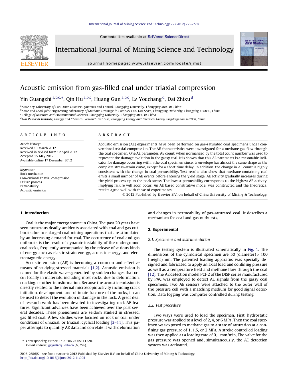 Acoustic emission from gas-filled coal under triaxial compression