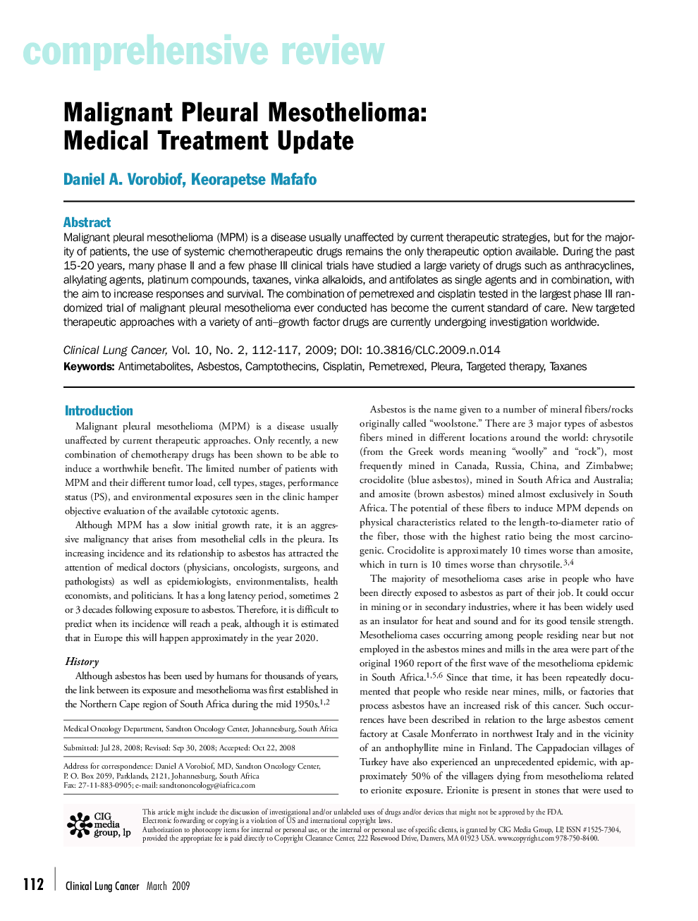 عکس صفحه اول مقاله: Malignant Pleural Mesothelioma: Medical Treatment Update Malignant Pleural Mesothelioma: Medical Treatment Update