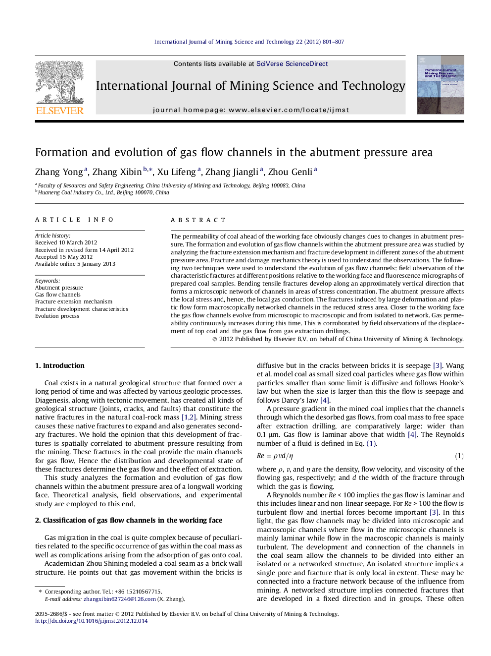 Formation and evolution of gas flow channels in the abutment pressure area