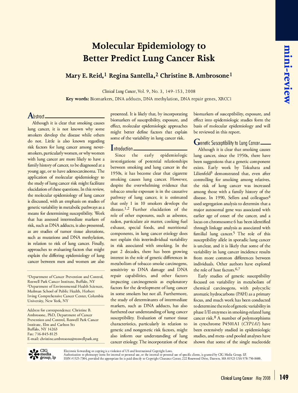 عکس صفحه اول مقاله: Molecular Epidemiology to Better Predict Lung Cancer Risk Molecular Epidemiology to Better Predict Lung Cancer Risk