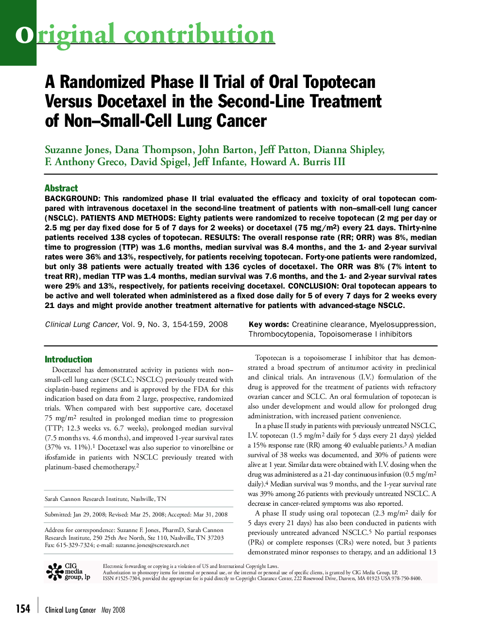 عکس صفحه اول مقاله: A Randomized Phase II Trial of Oral Topotecan Versus Docetaxel in the Second-Line Treatment of Non–Small-Cell Lung Cancer A Randomized Phase II Trial of Oral Topotecan Versus Docetaxel in the Second-Line Treatment of Non–Small-Cell Lung Cancer