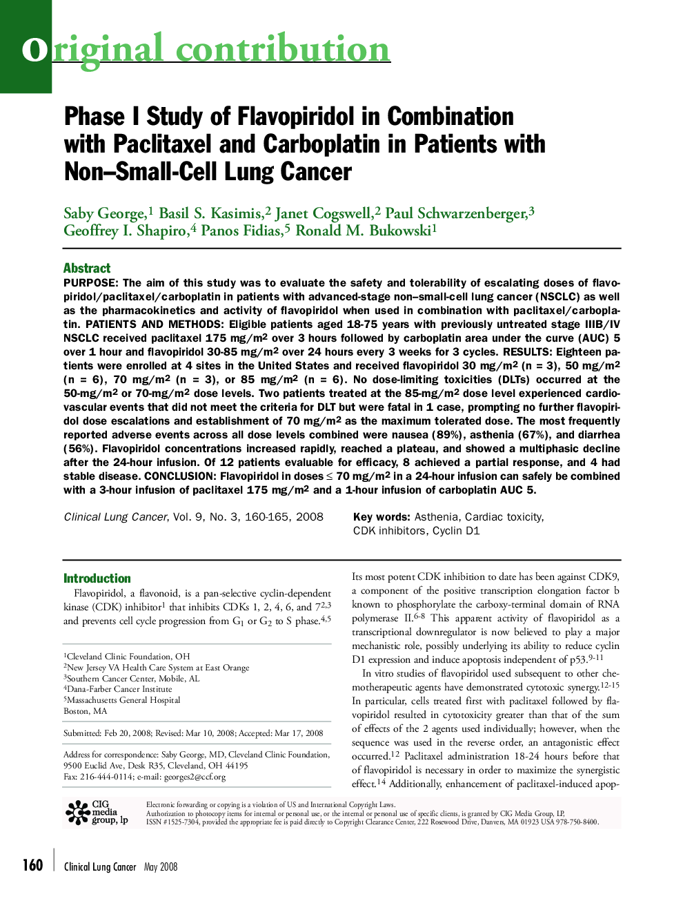 عکس صفحه اول مقاله: Phase I Study of Flavopiridol in Combination with Paclitaxel and Carboplatin in Patients with Non–Small-Cell Lung Cancer Phase I Study of Flavopiridol in Combination with Paclitaxel and Carboplatin in Patients with Non–Small-Cell Lung Cancer