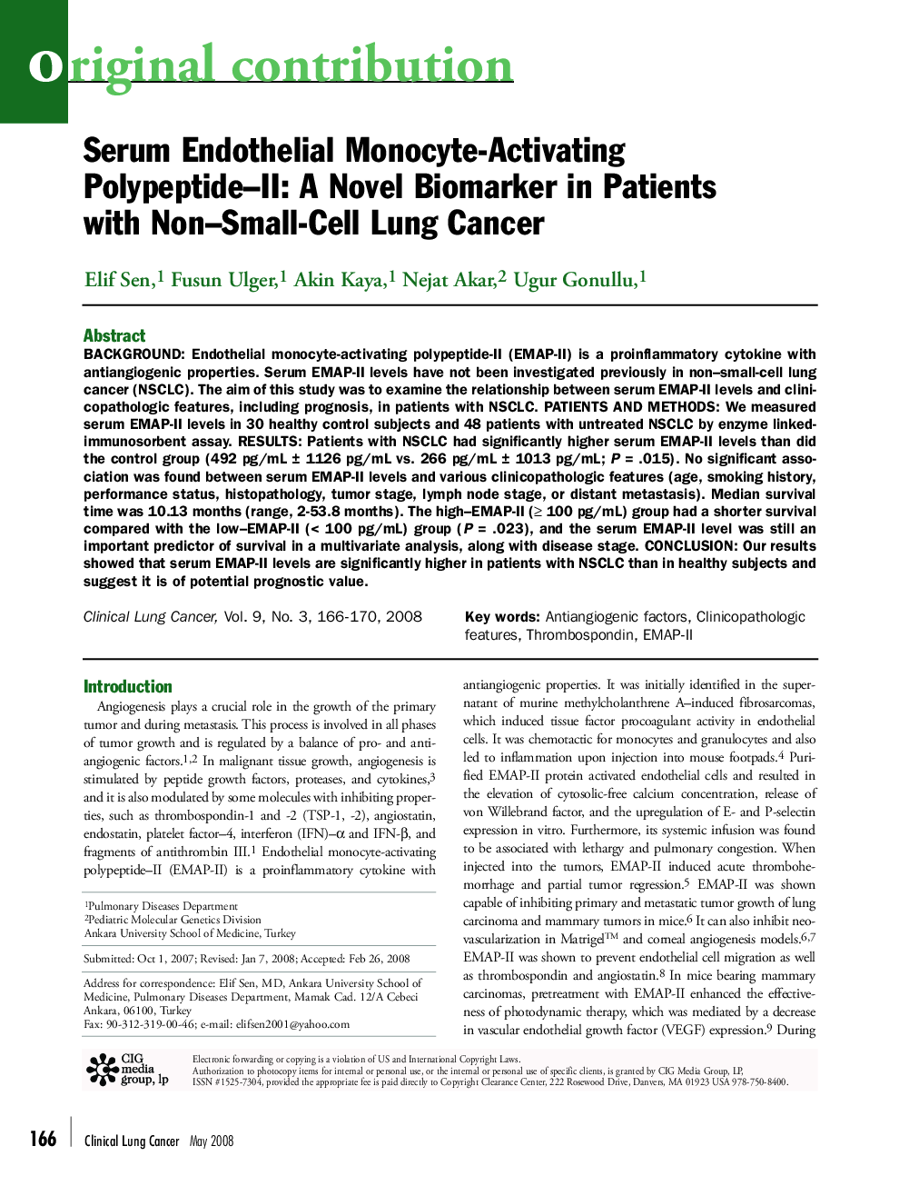عکس صفحه اول مقاله: Serum Endothelial Monocyte-Activating Polypeptide–II: A Novel Biomarker in Patients with Non–Small-Cell Lung Cancer Serum Endothelial Monocyte-Activating Polypeptide–II: A Novel Biomarker in Patients with Non–Small-Cell Lung Cancer