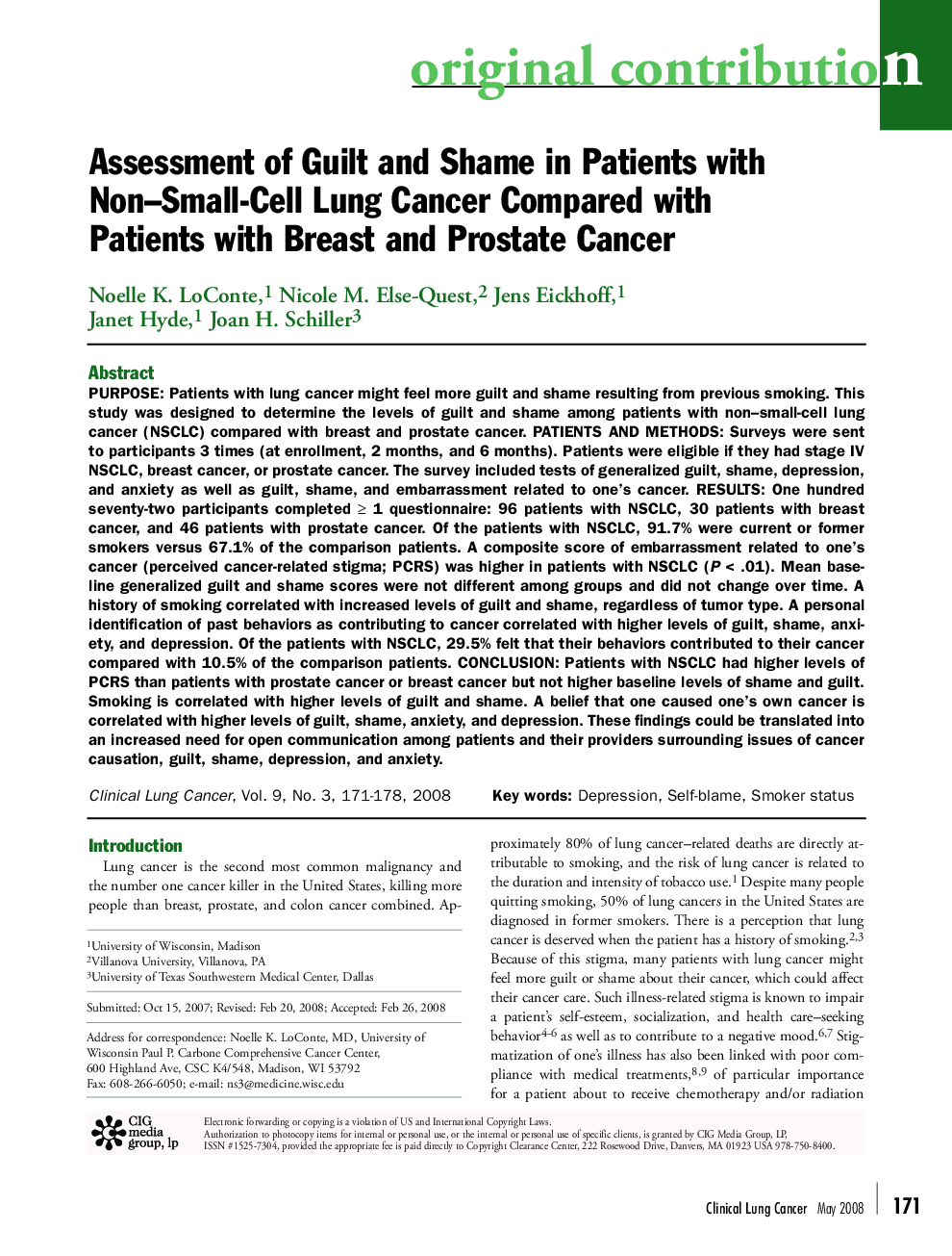 عکس صفحه اول مقاله: Assessment of Guilt and Shame in Patients with Non–Small-Cell Lung Cancer Compared with Patients with Breast and Prostate Cancer Assessment of Guilt and Shame in Patients with Non–Small-Cell Lung Cancer Compared with Patients with Breast and Prostate Cancer