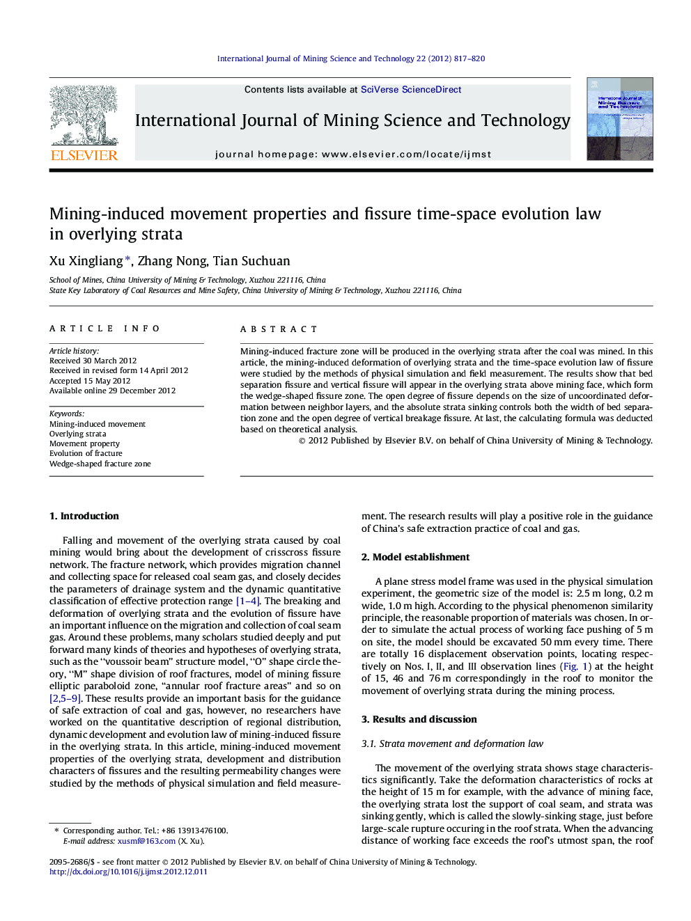 عکس صفحه اول مقاله: Mining-induced movement properties and fissure time-space evolution law in overlying strata Mining-induced movement properties and fissure time-space evolution law in overlying strata