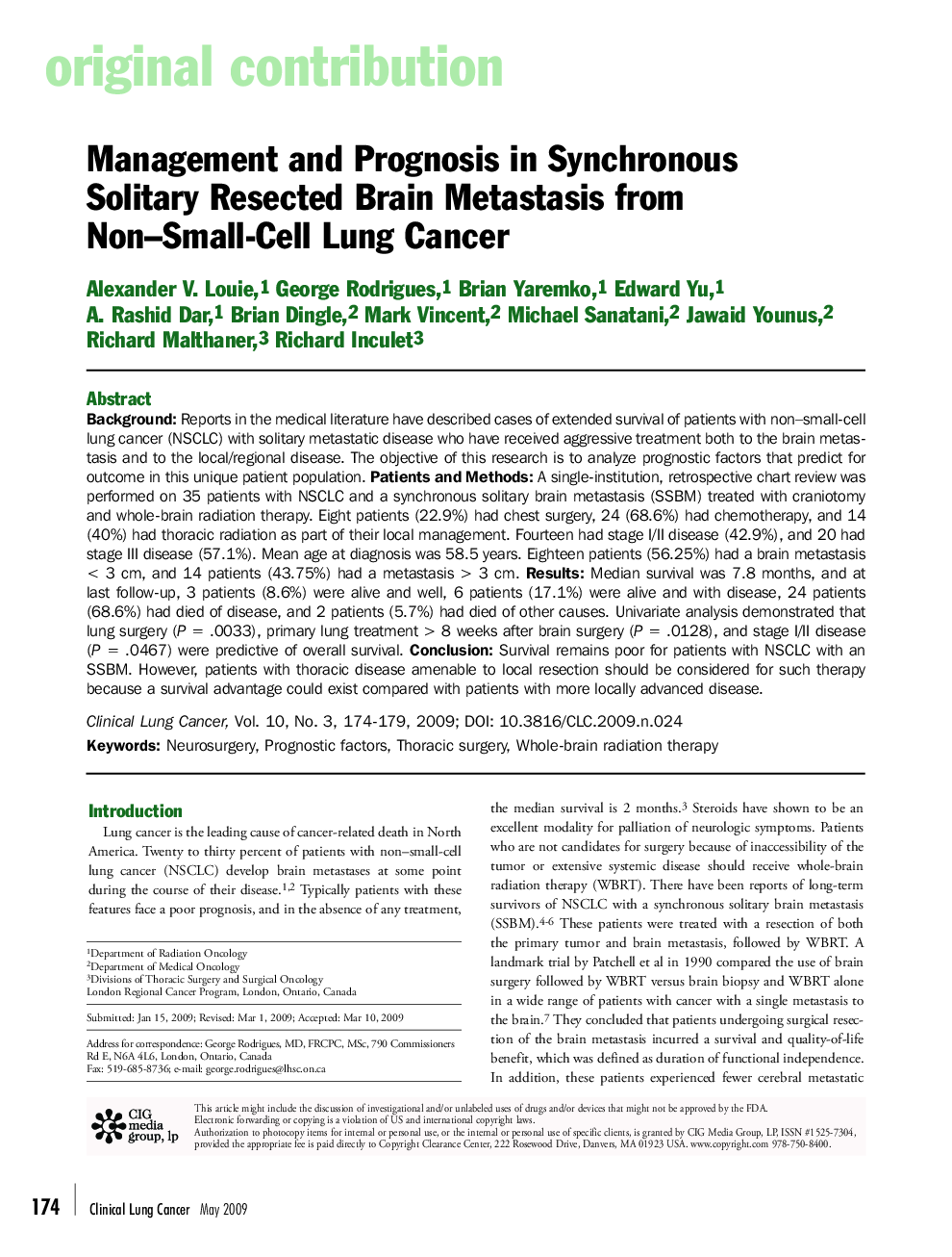 عکس صفحه اول مقاله: Management and Prognosis in Synchronous Solitary Resected Brain Metastasis from Non–Small-Cell Lung Cancer Management and Prognosis in Synchronous Solitary Resected Brain Metastasis from Non–Small-Cell Lung Cancer