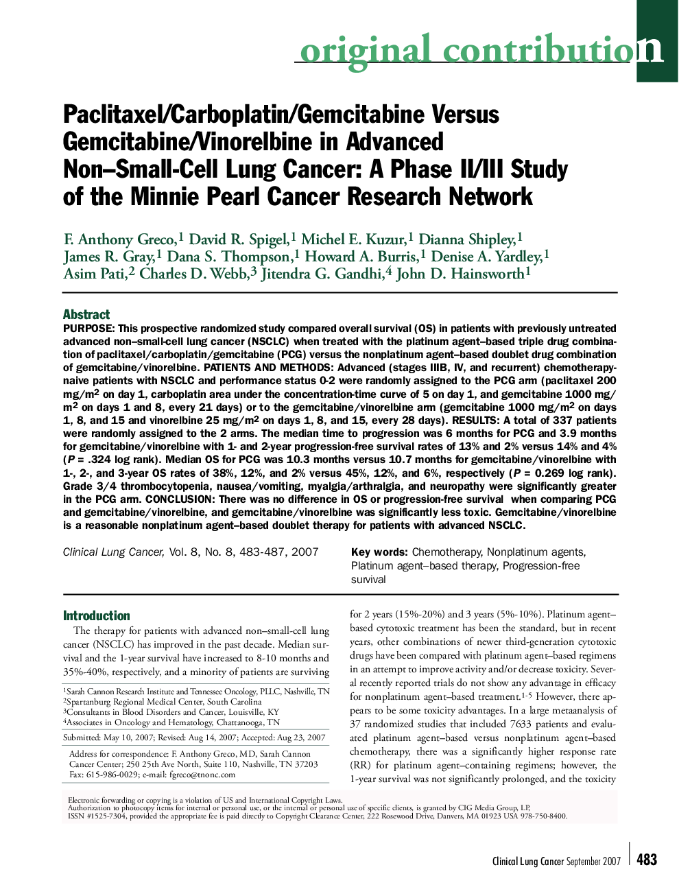 عکس صفحه اول مقاله: Paclitaxel/Carboplatin/Gemcitabine Versus Gemcitabine/Vinorelbine in Advanced Non–Small-Cell Lung Cancer: A Phase II/III Study of the Minnie Pearl Cancer Research Network Paclitaxel/Carboplatin/Gemcitabine Versus Gemcitabine/Vinorelbine in Advanced Non–Small-Cell Lung Cancer: A Phase II/III Study of the Minnie Pearl Cancer Research Network