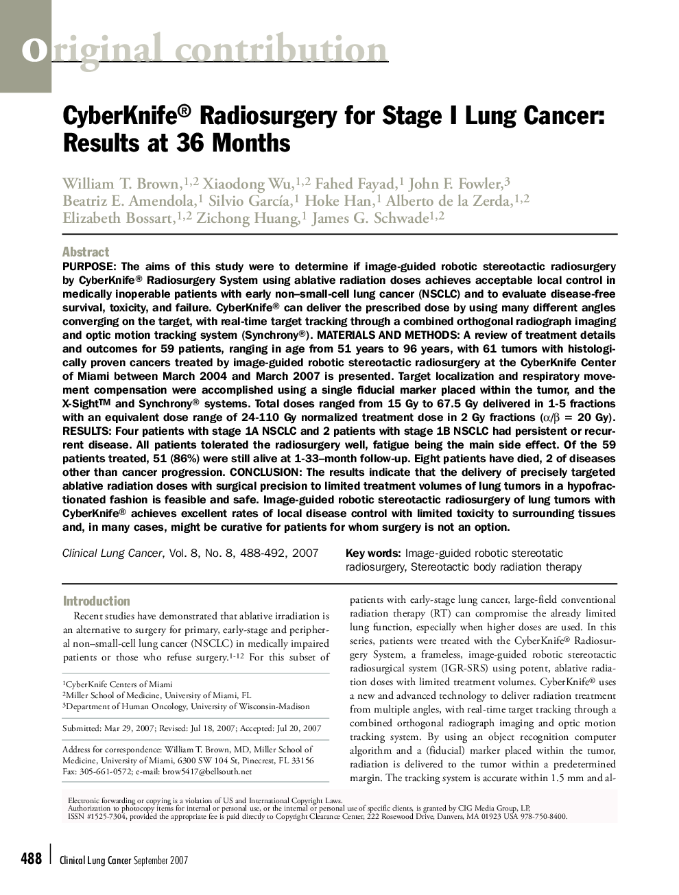 CyberKnife® Radiosurgery for Stage I Lung Cancer: Results at 36 Months 