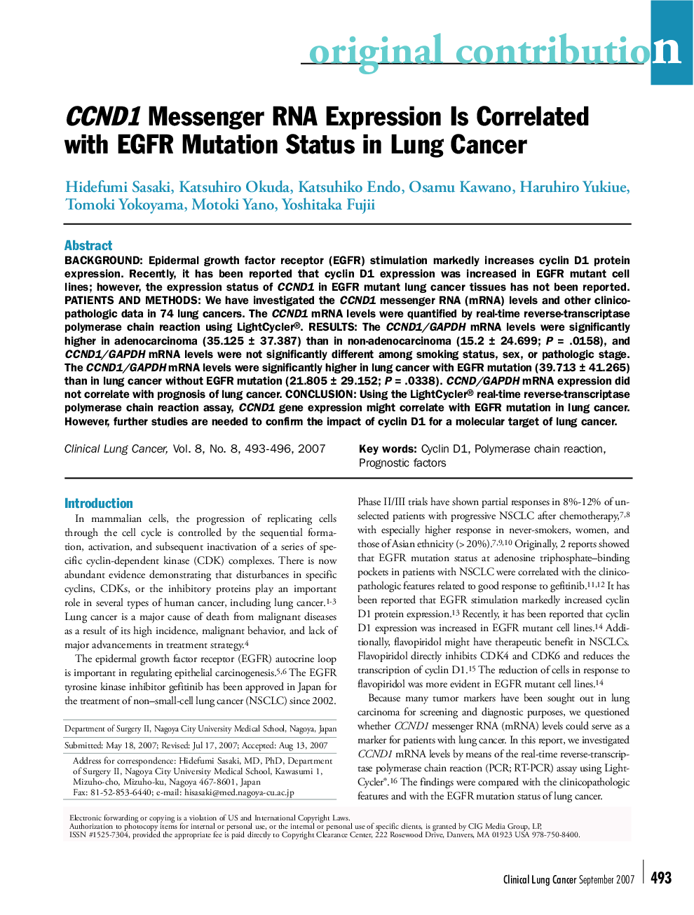 عکس صفحه اول مقاله: CCND1 Messenger RNA Expression Is Correlated with EGFR Mutation Status in Lung Cancer CCND1 Messenger RNA Expression Is Correlated with EGFR Mutation Status in Lung Cancer
