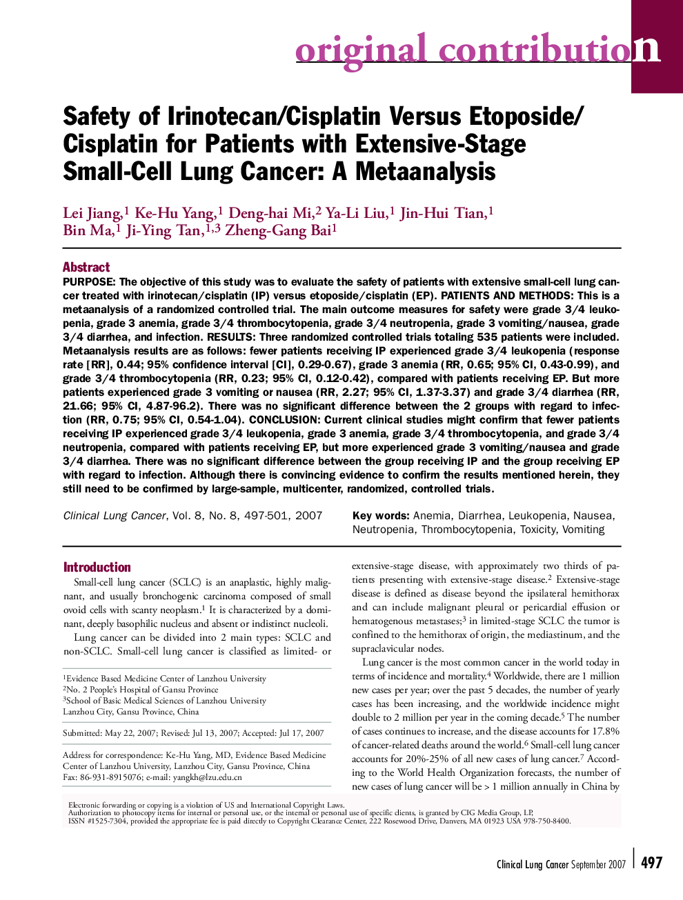 عکس صفحه اول مقاله: Safety of Irinotecan/Cisplatin Versus Etoposide/Cisplatin for Patients with Extensive-Stage Small-Cell Lung Cancer: A Metaanalysis Safety of Irinotecan/Cisplatin Versus Etoposide/Cisplatin for Patients with Extensive-Stage Small-Cell Lung Cancer: A Metaanalysis