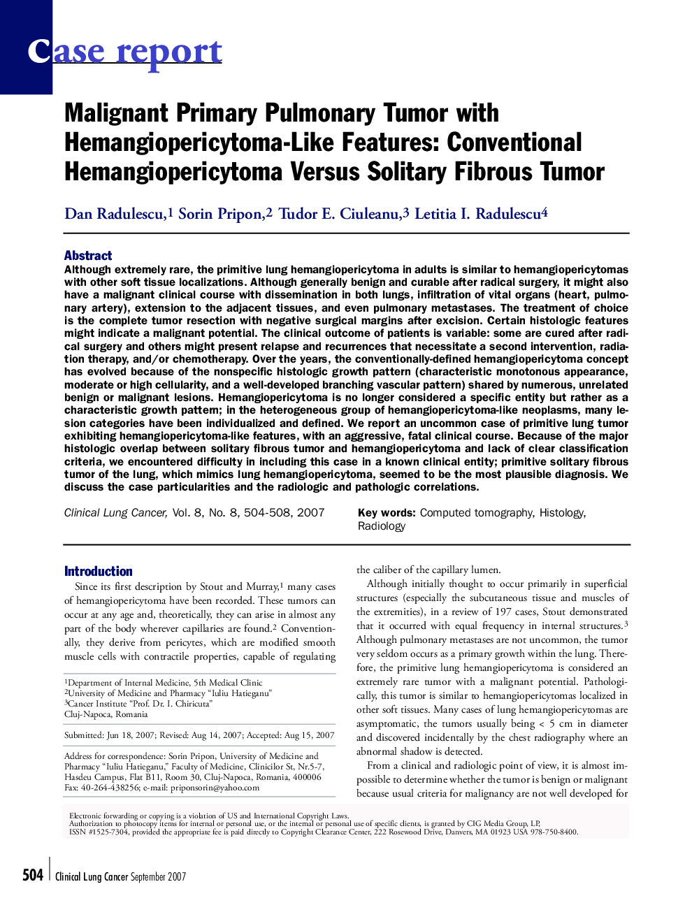 عکس صفحه اول مقاله: Malignant Primary Pulmonary Tumor with Hemangiopericytoma-Like Features: Conventional Hemangiopericytoma Versus Solitary Fibrous Tumor Malignant Primary Pulmonary Tumor with Hemangiopericytoma-Like Features: Conventional Hemangiopericytoma Versus Solitary Fibrous Tumor