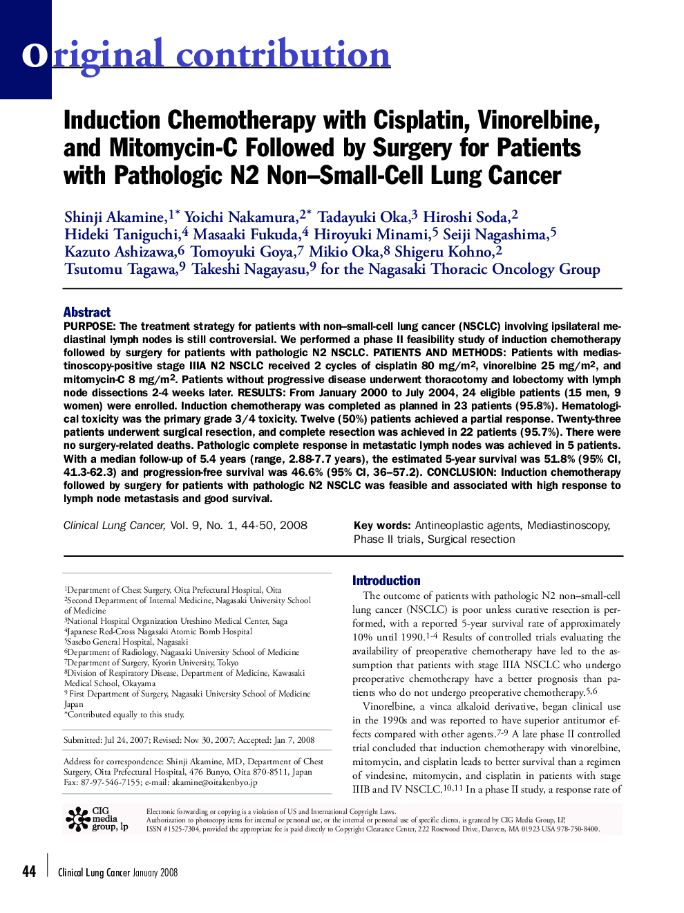 Induction Chemotherapy with Cisplatin, Vinorelbine, and Mitomycin-C Followed by Surgery for Patients with Pathologic N2 Non-Small-Cell Lung Cancer