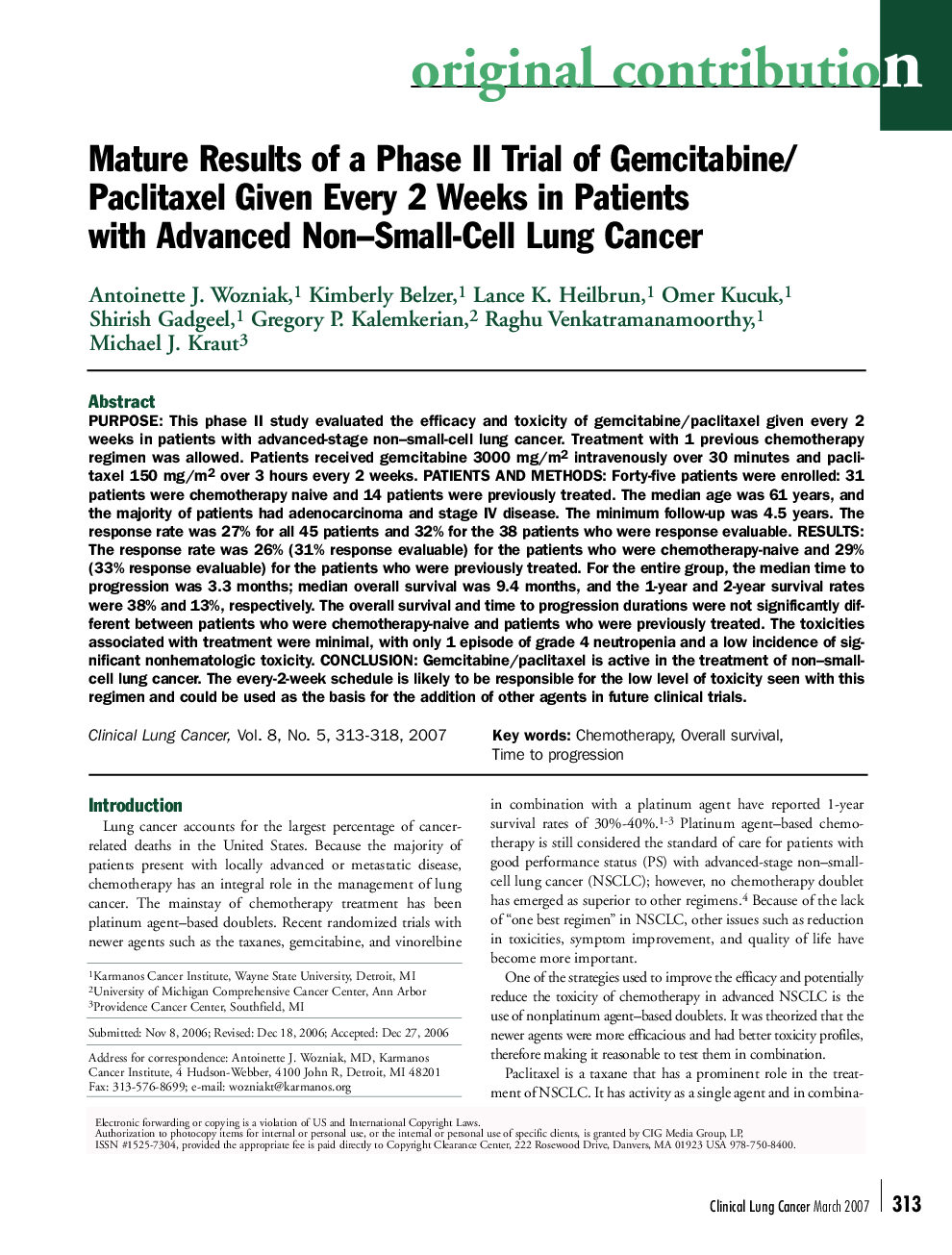 Mature Results of a Phase II Trial of Gemcitabine/Paclitaxel Given Every 2 Weeks in Patients with Advanced Non–Small-Cell Lung Cancer 