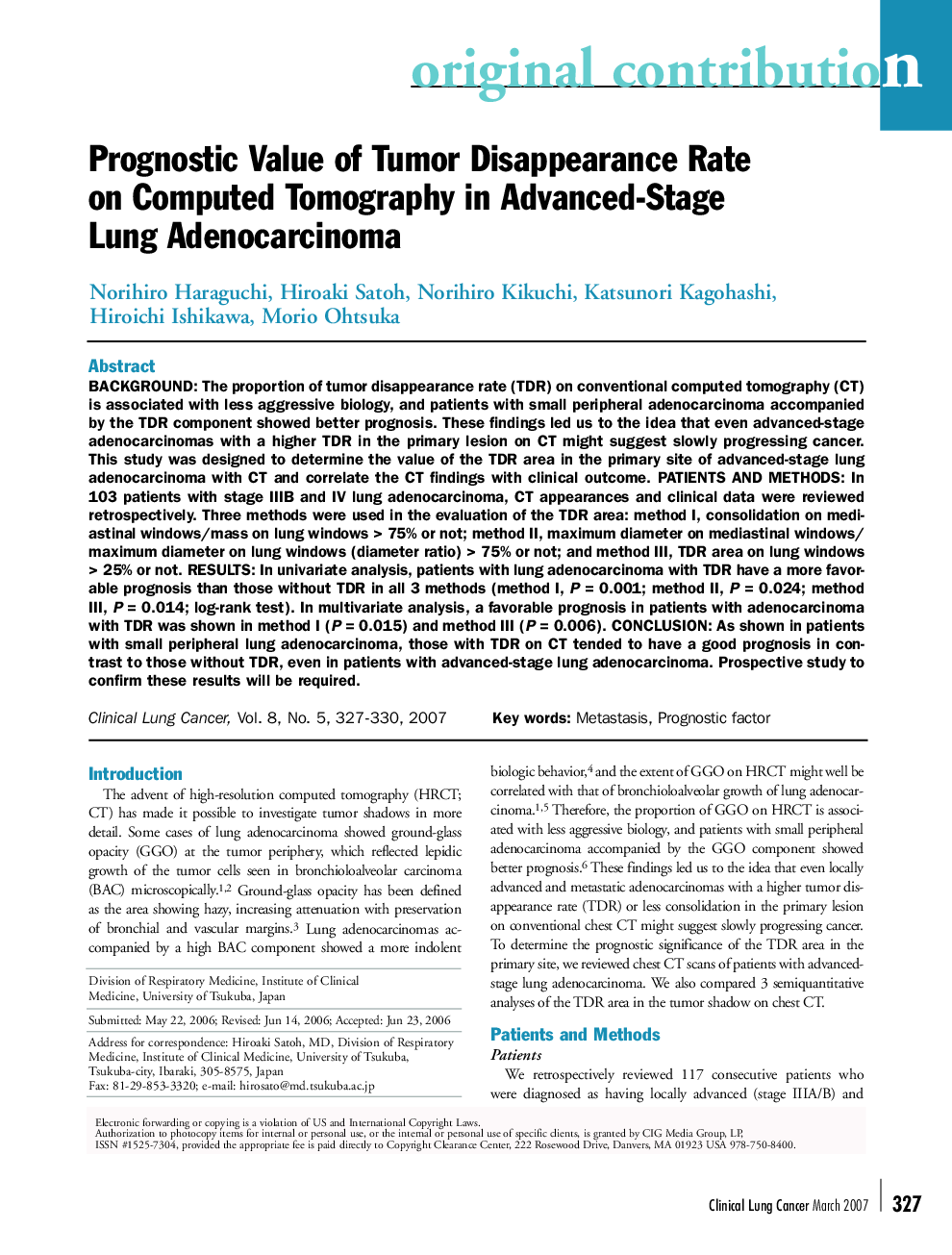 Prognostic Value of Tumor Disappearance Rate on Computed Tomography in Advanced-Stage Lung Adenocarcinoma 