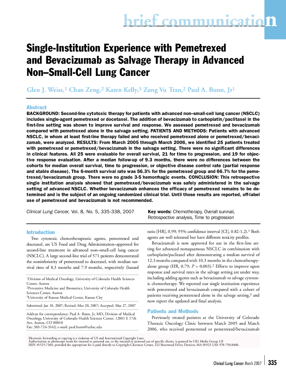 عکس صفحه اول مقاله: Single-Institution Experience with Pemetrexedand Bevacizumab as Salvage Therapy in AdvancedNon–Small-Cell Lung Cancer Single-Institution Experience with Pemetrexedand Bevacizumab as Salvage Therapy in AdvancedNon–Small-Cell Lung Cancer