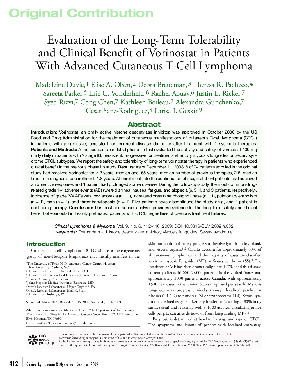 Evaluation of the Long-Term Tolerability and Clinical Benefit of Vorinostat in Patients With Advanced Cutaneous T-Cell Lymphoma 