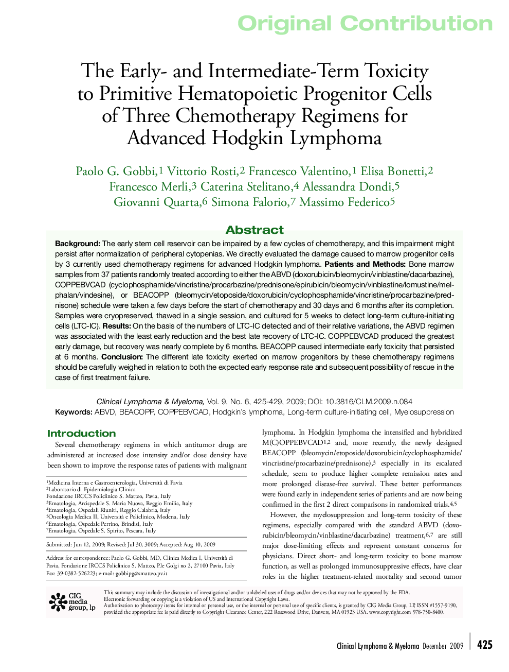 The Early- and Intermediate-Term Toxicity to Primitive Hematopoietic Progenitor Cells of Three Chemotherapy Regimens for Advanced Hodgkin Lymphoma 