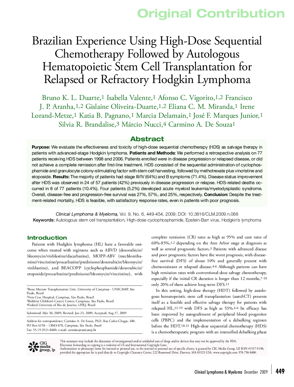 Brazilian Experience Using High-Dose Sequential Chemotherapy Followed by Autologous Hematopoietic Stem Cell Transplantation for Relapsed or Refractory Hodgkin Lymphoma 