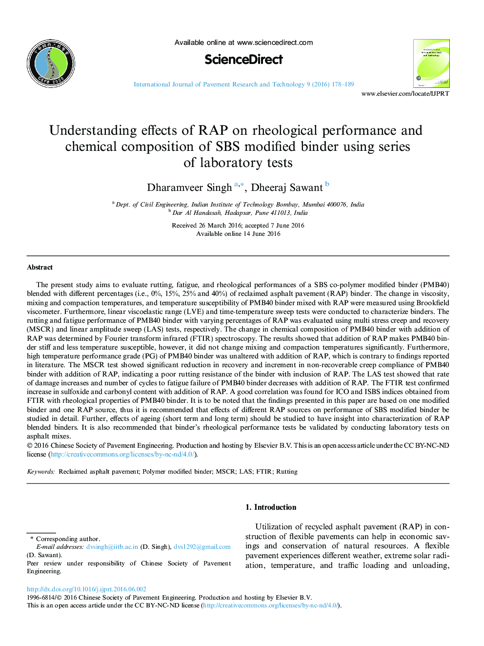 Understanding effects of RAP on rheological performance and chemical composition of SBS modified binder using series of laboratory tests 