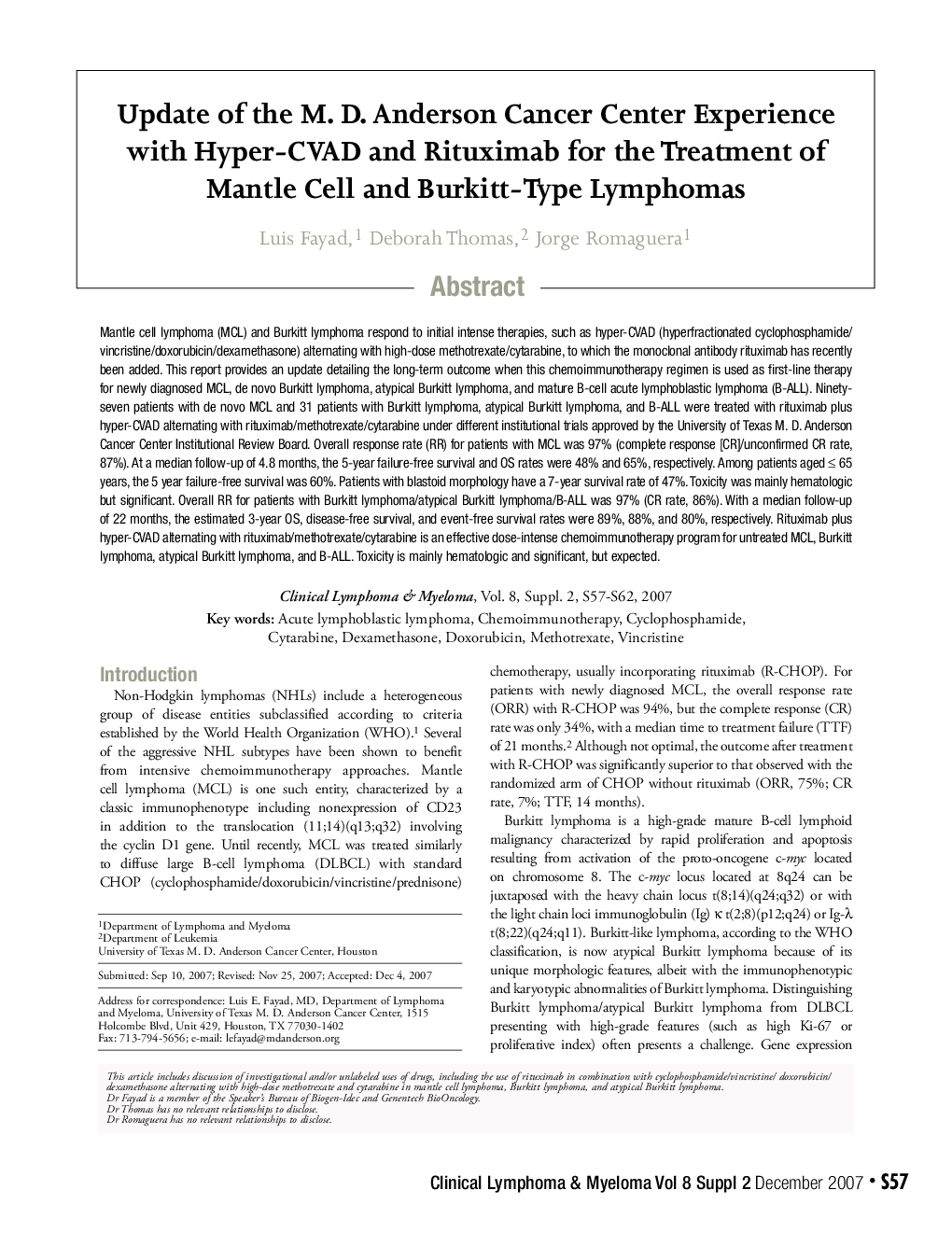 Update of the M. D. Anderson Cancer Center Experience with Hyper-CVAD and Rituximab for the Treatment of Mantle Cell and Burkitt-Type Lymphomas 