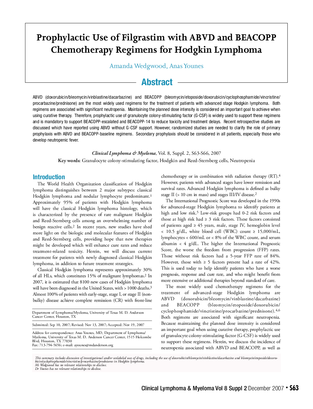 Prophylactic Use of Filgrastim with ABVD and BEACOPP Chemotherapy Regimens for Hodgkin Lymphoma 