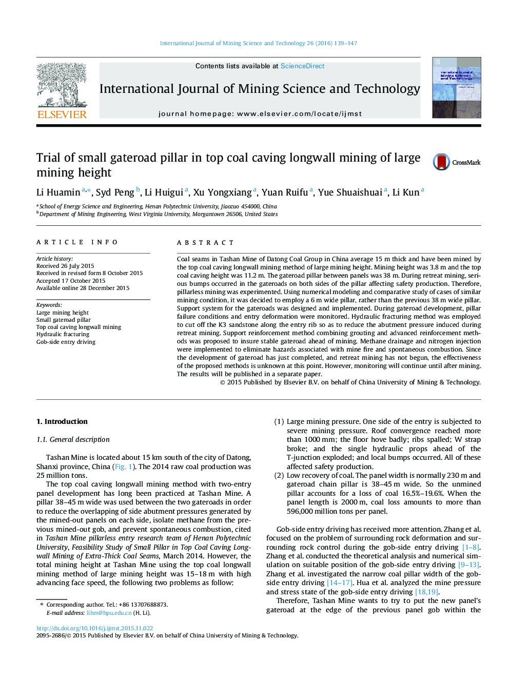 عکس صفحه اول مقاله: Trial of small gateroad pillar in top coal caving longwall mining of large mining height Trial of small gateroad pillar in top coal caving longwall mining of large mining height