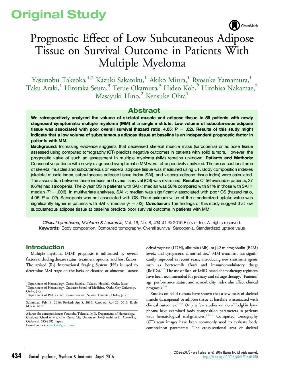 Prognostic Effect of Low Subcutaneous Adipose Tissue on Survival Outcome in Patients With Multiple Myeloma