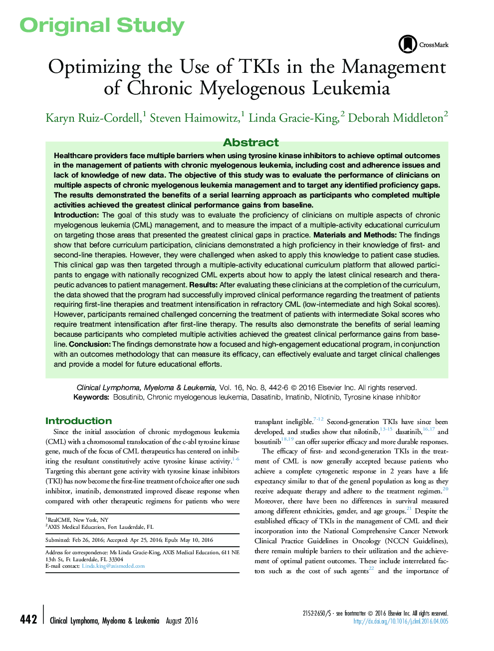 Optimizing the Use of TKIs in the Management of Chronic Myelogenous Leukemia