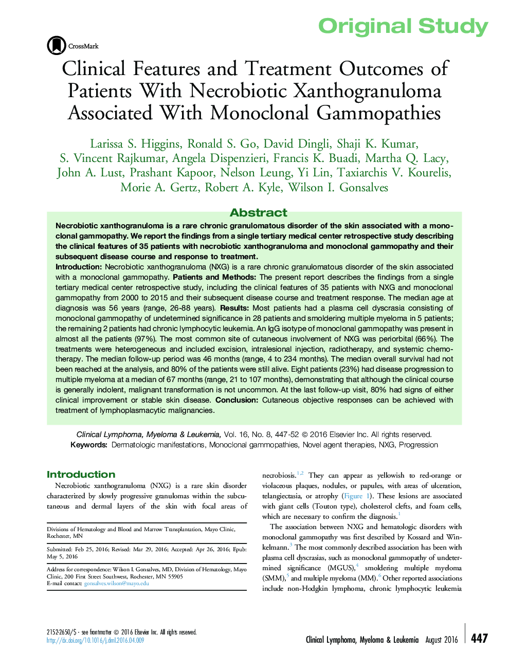 Clinical Features and Treatment Outcomes of Patients With Necrobiotic Xanthogranuloma Associated With Monoclonal Gammopathies