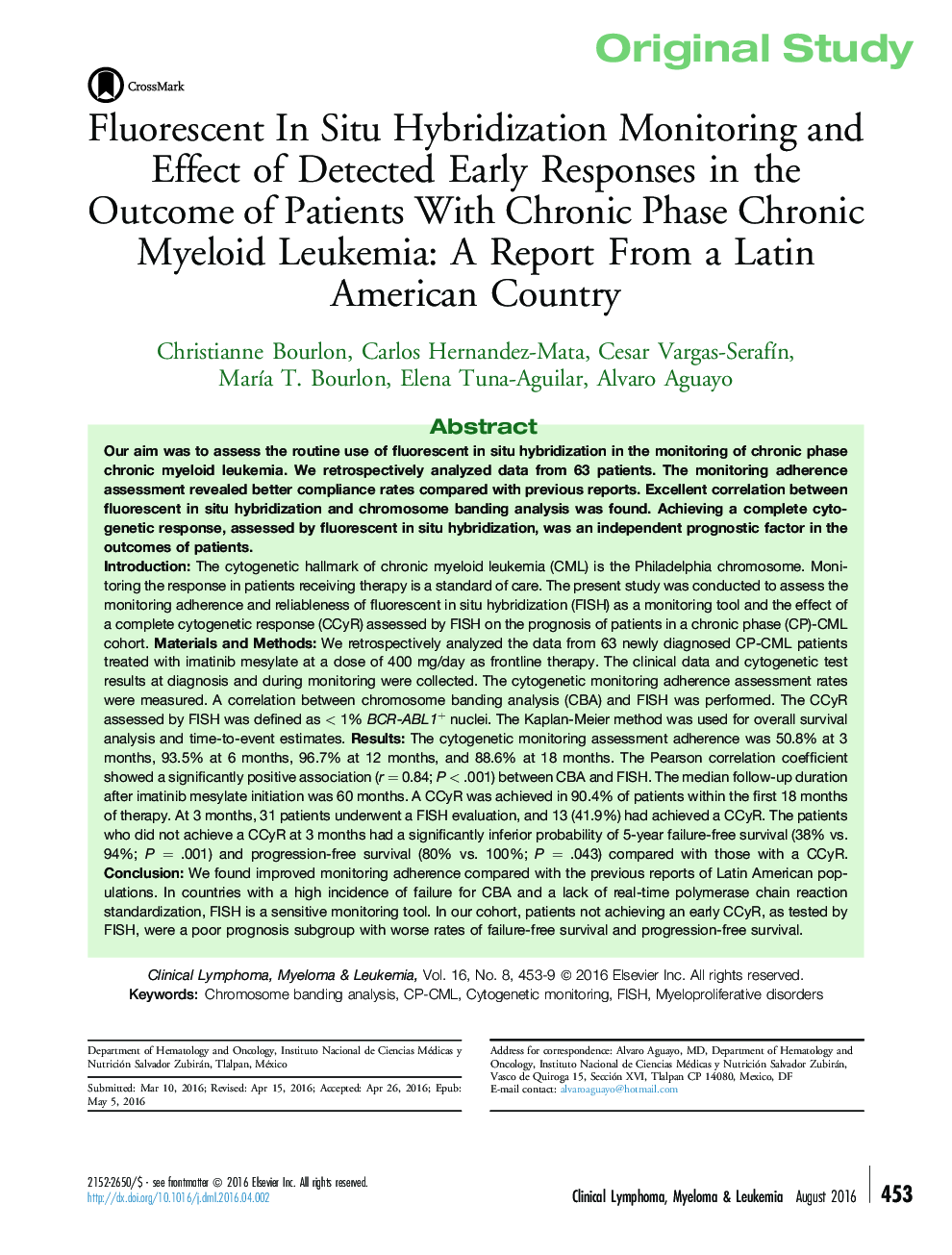 Fluorescent In Situ Hybridization Monitoring and Effect of Detected Early Responses in the Outcome of Patients With Chronic Phase Chronic Myeloid Leukemia: A Report From a Latin American Country