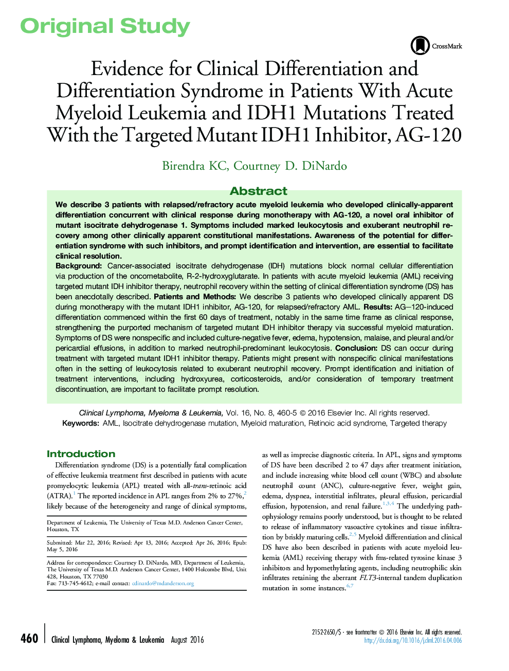 Evidence for Clinical Differentiation and Differentiation Syndrome in Patients With Acute Myeloid Leukemia and IDH1 Mutations Treated With the Targeted Mutant IDH1 Inhibitor, AG-120