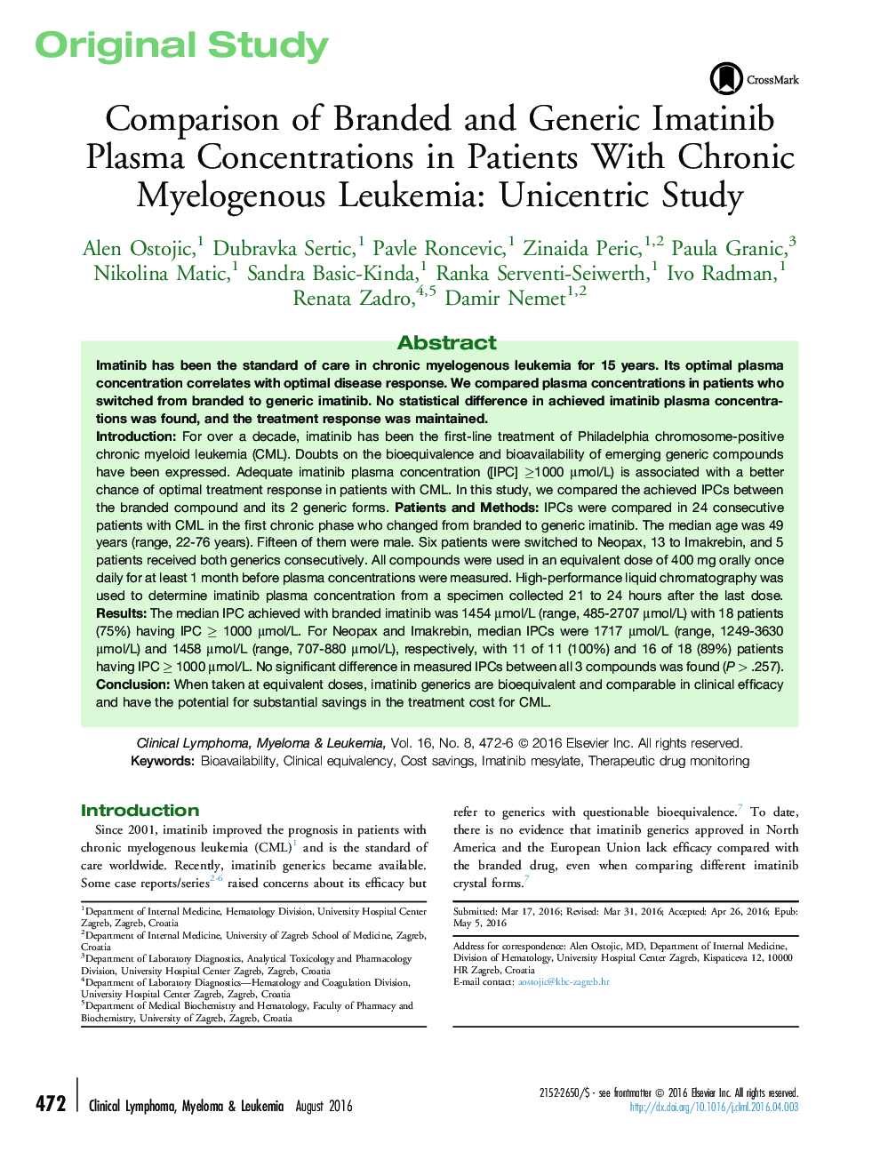 Comparison of Branded and Generic Imatinib Plasma Concentrations in Patients With Chronic Myelogenous Leukemia: Unicentric Study