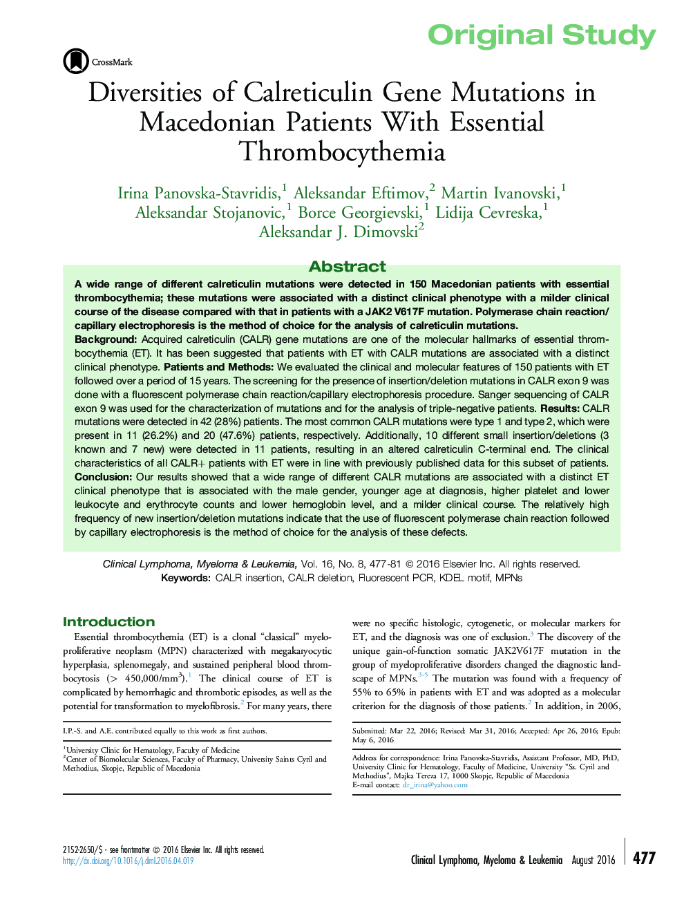 Diversities of Calreticulin Gene Mutations in Macedonian Patients With Essential Thrombocythemia 