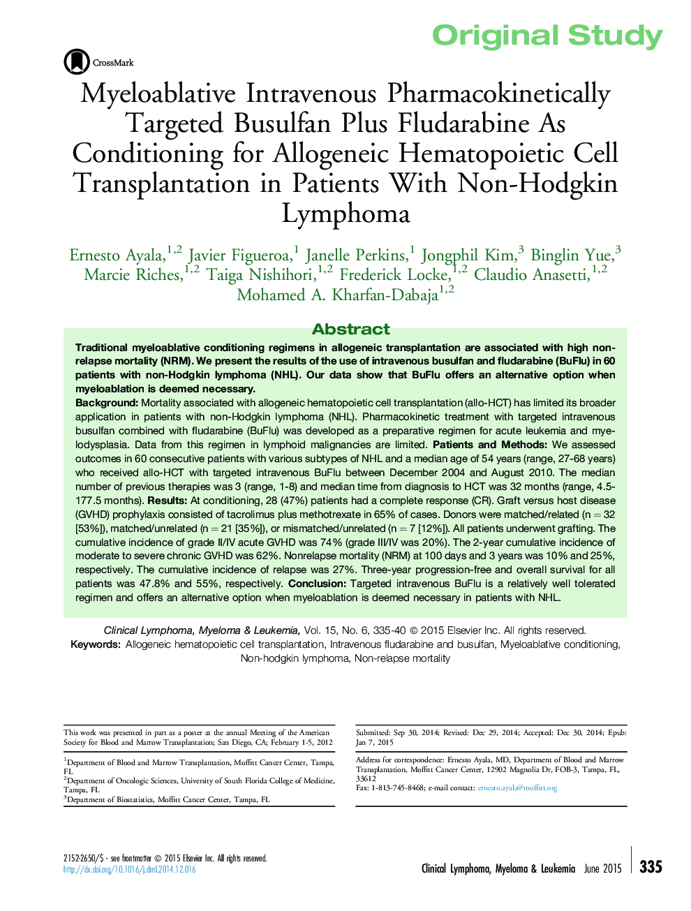 Myeloablative Intravenous Pharmacokinetically Targeted Busulfan Plus Fludarabine As Conditioning for Allogeneic Hematopoietic Cell Transplantation in Patients With Non-Hodgkin Lymphoma