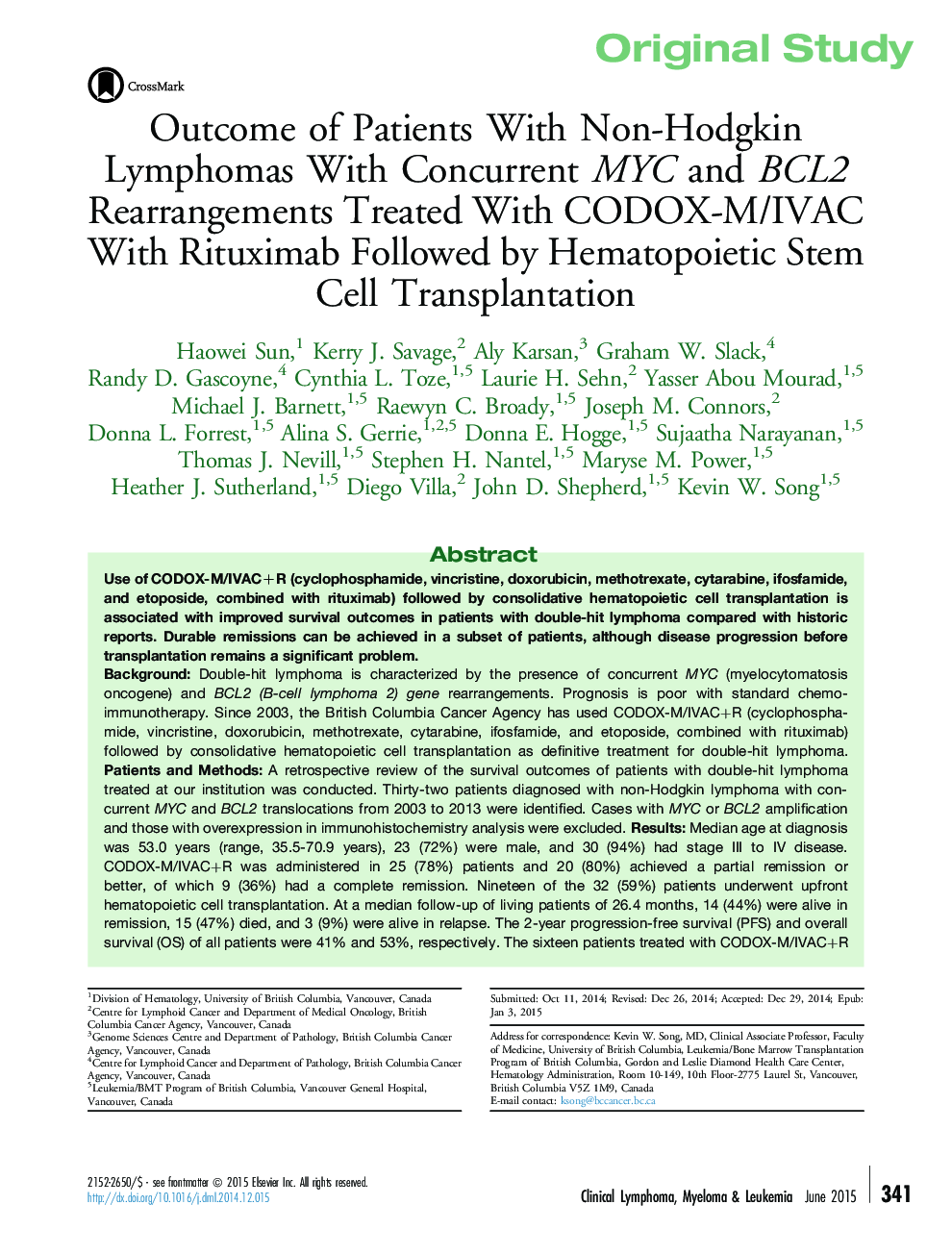 Outcome of Patients With Non-Hodgkin Lymphomas With Concurrent MYC and BCL2 Rearrangements Treated With CODOX-M/IVAC With Rituximab Followed by Hematopoietic Stem Cell Transplantation