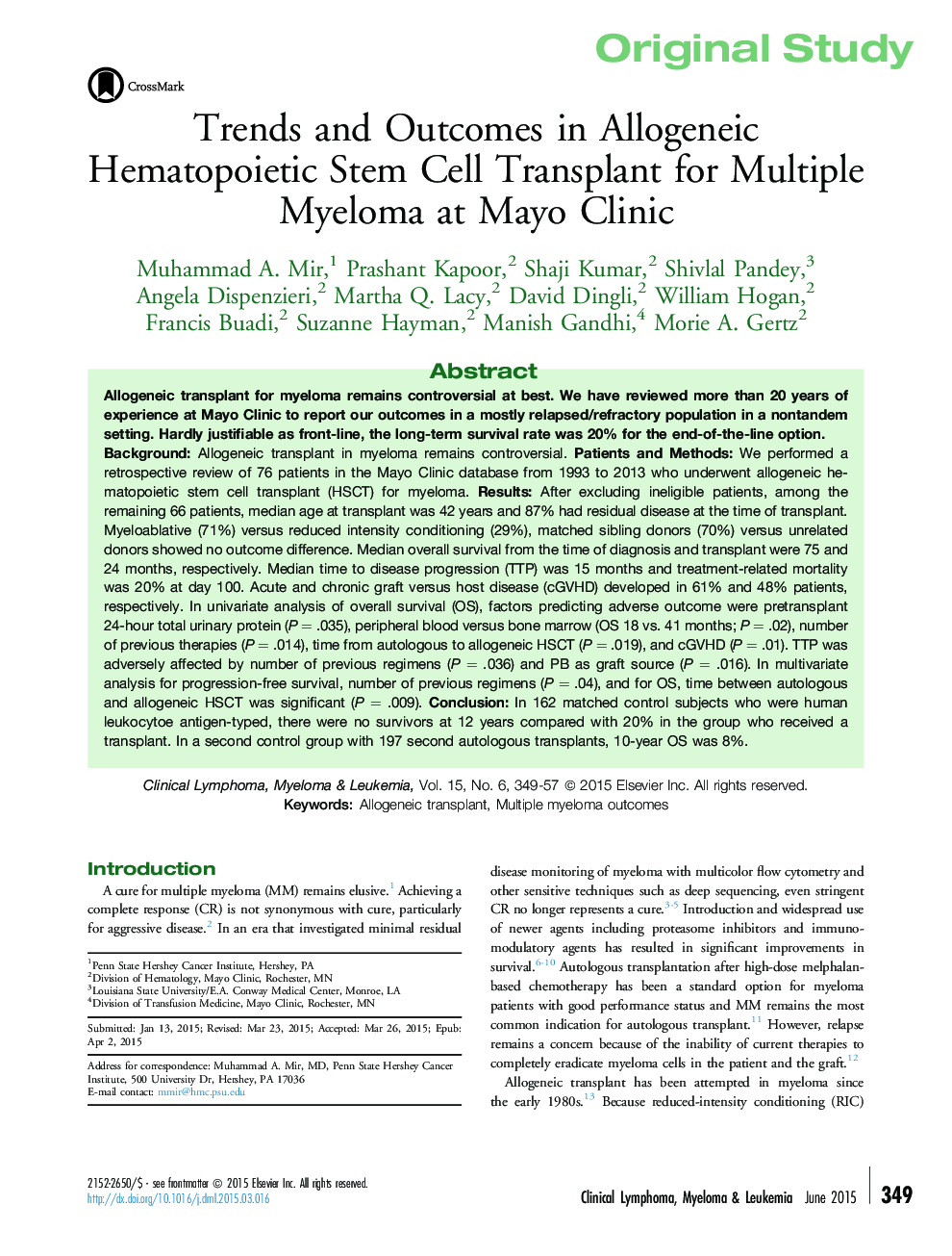 Trends and Outcomes in Allogeneic Hematopoietic Stem Cell Transplant for Multiple Myeloma at Mayo Clinic