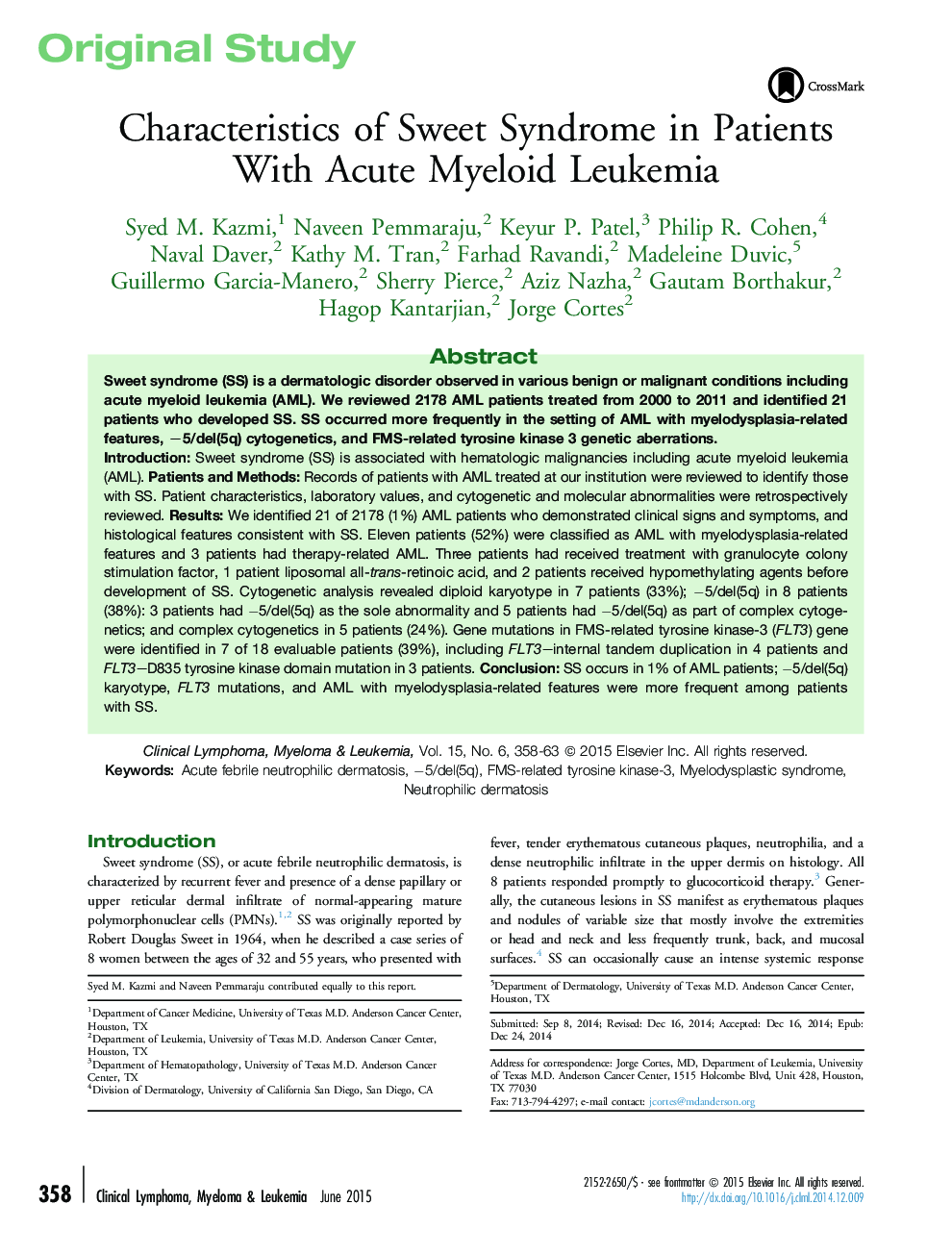 Characteristics of Sweet Syndrome in Patients With Acute Myeloid Leukemia 