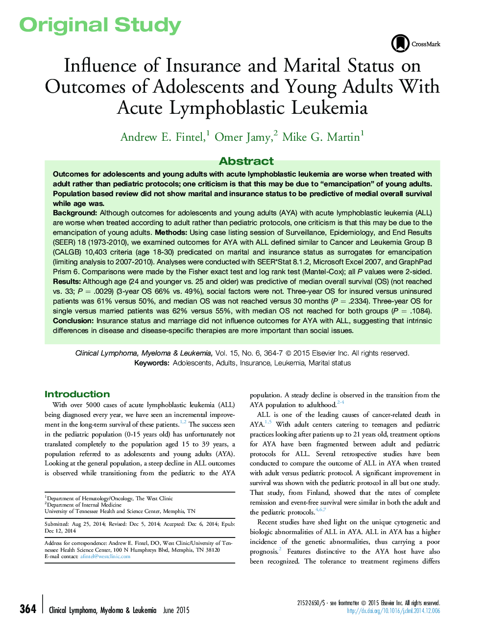 Influence of Insurance and Marital Status on Outcomes of Adolescents and Young Adults With Acute Lymphoblastic Leukemia