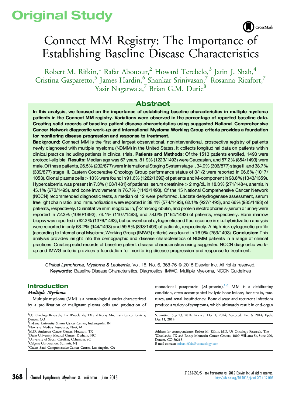 Connect MM Registry: The Importance of Establishing Baseline Disease Characteristics