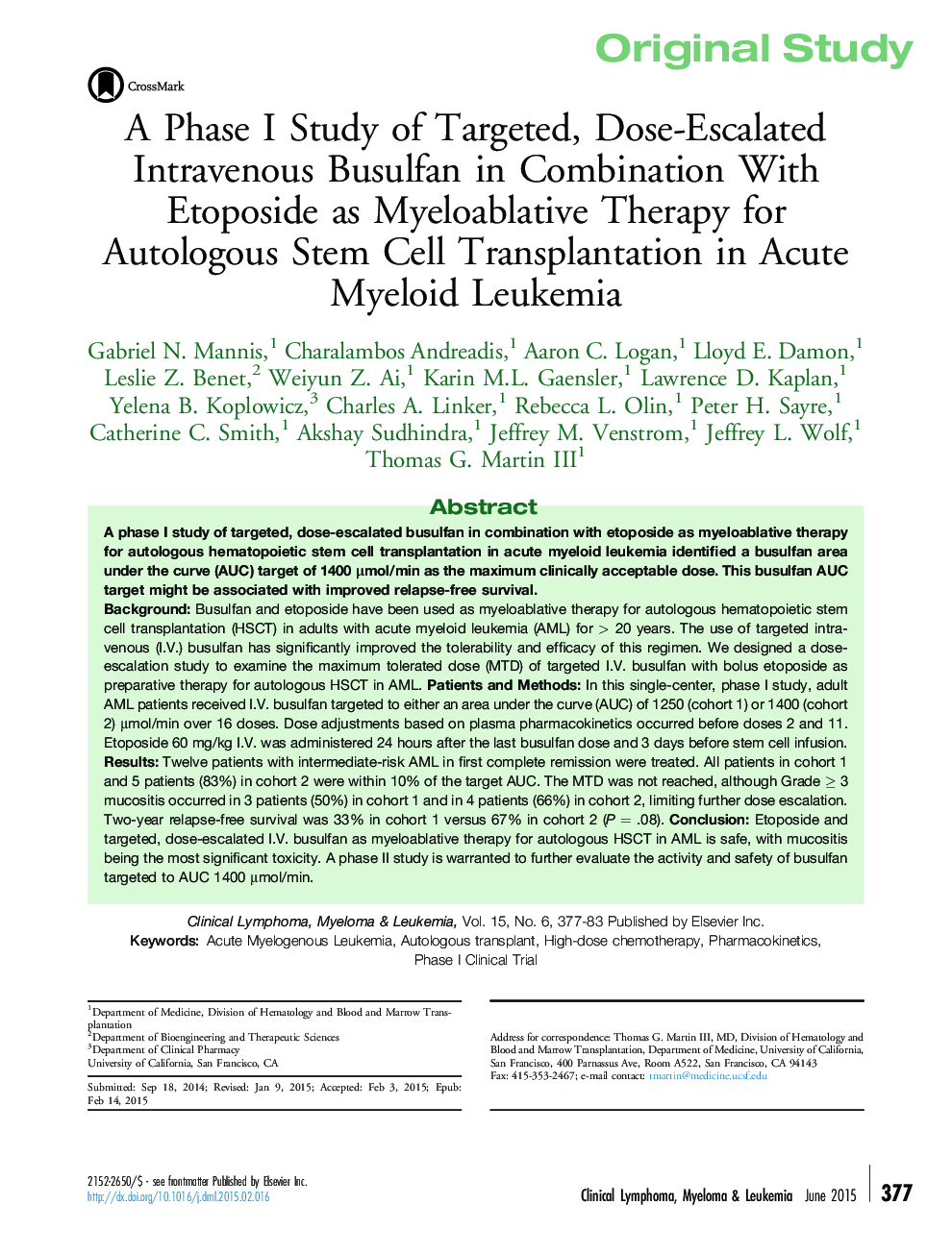 A Phase I Study of Targeted, Dose-Escalated Intravenous Busulfan in Combination With Etoposide as Myeloablative Therapy for Autologous Stem Cell Transplantation in Acute Myeloid Leukemia