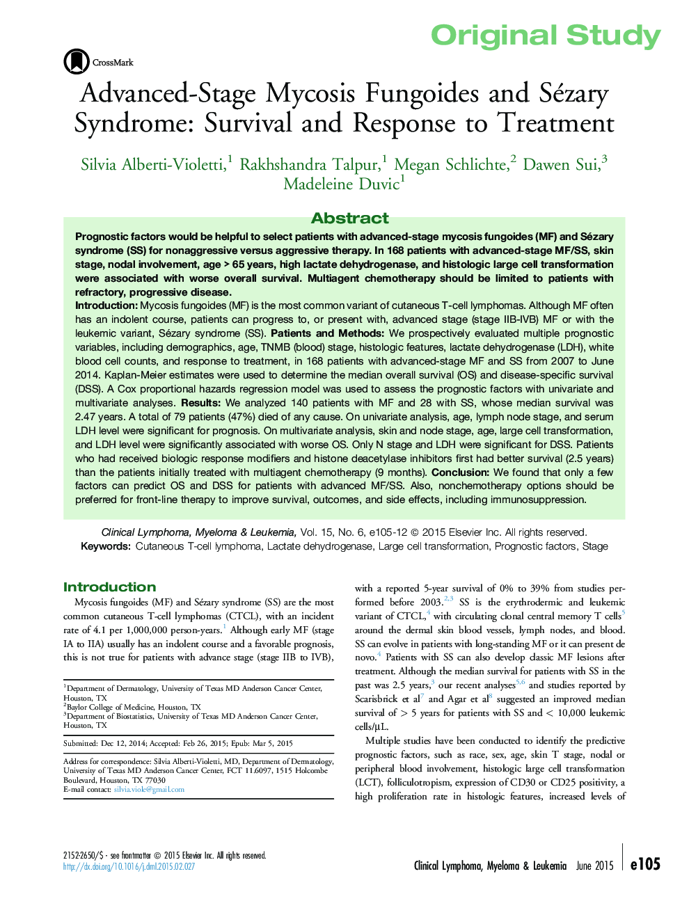 Advanced-Stage Mycosis Fungoides and Sézary Syndrome: Survival and Response to Treatment