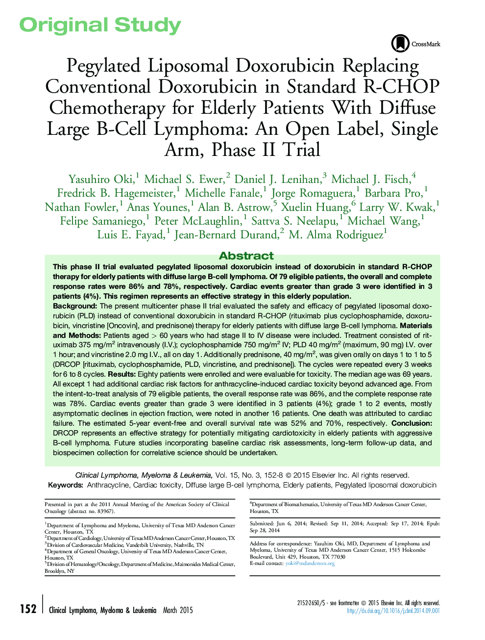 Pegylated Liposomal Doxorubicin Replacing Conventional Doxorubicin in Standard R-CHOP Chemotherapy for Elderly Patients With Diffuse Large B-Cell Lymphoma: An Open Label, Single Arm, Phase II Trial