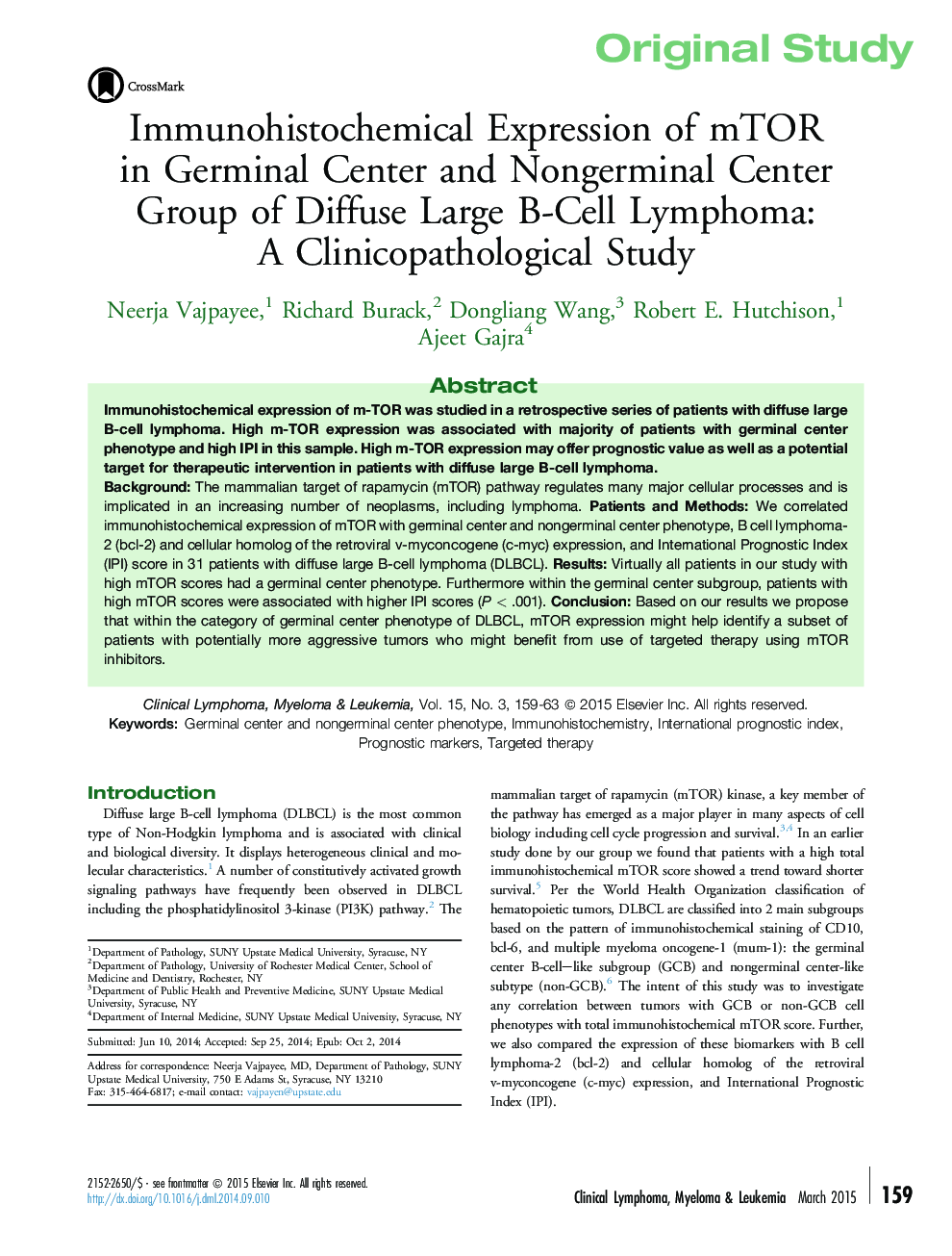 Immunohistochemical Expression of mTOR in Germinal Center and Nongerminal Center Group of Diffuse Large B-Cell Lymphoma: A Clinicopathological Study