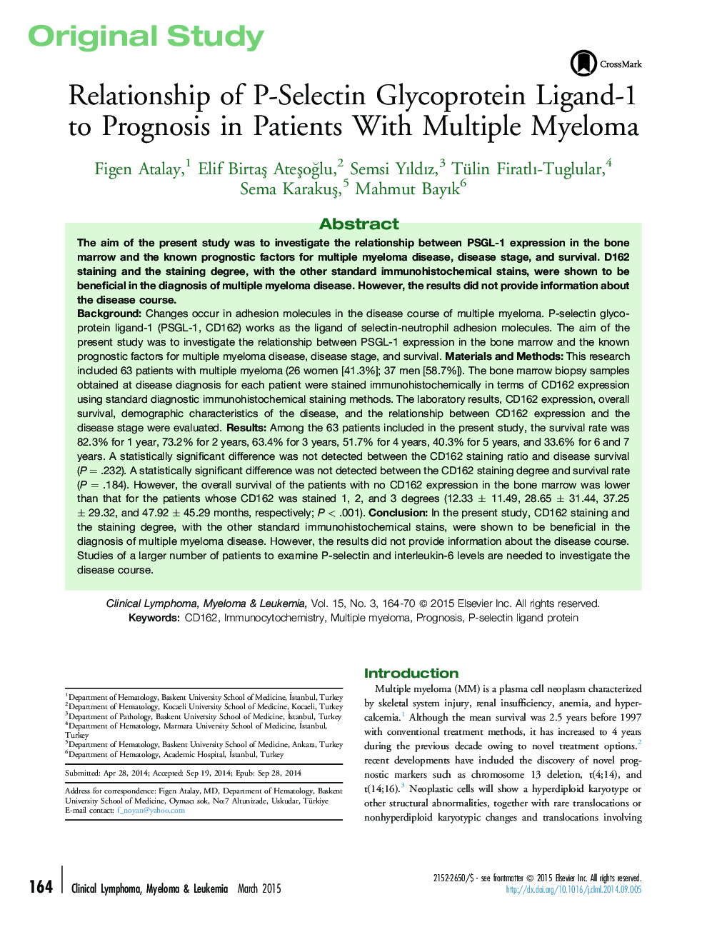 Relationship of P-Selectin Glycoprotein Ligand-1 to Prognosis in Patients With Multiple Myeloma