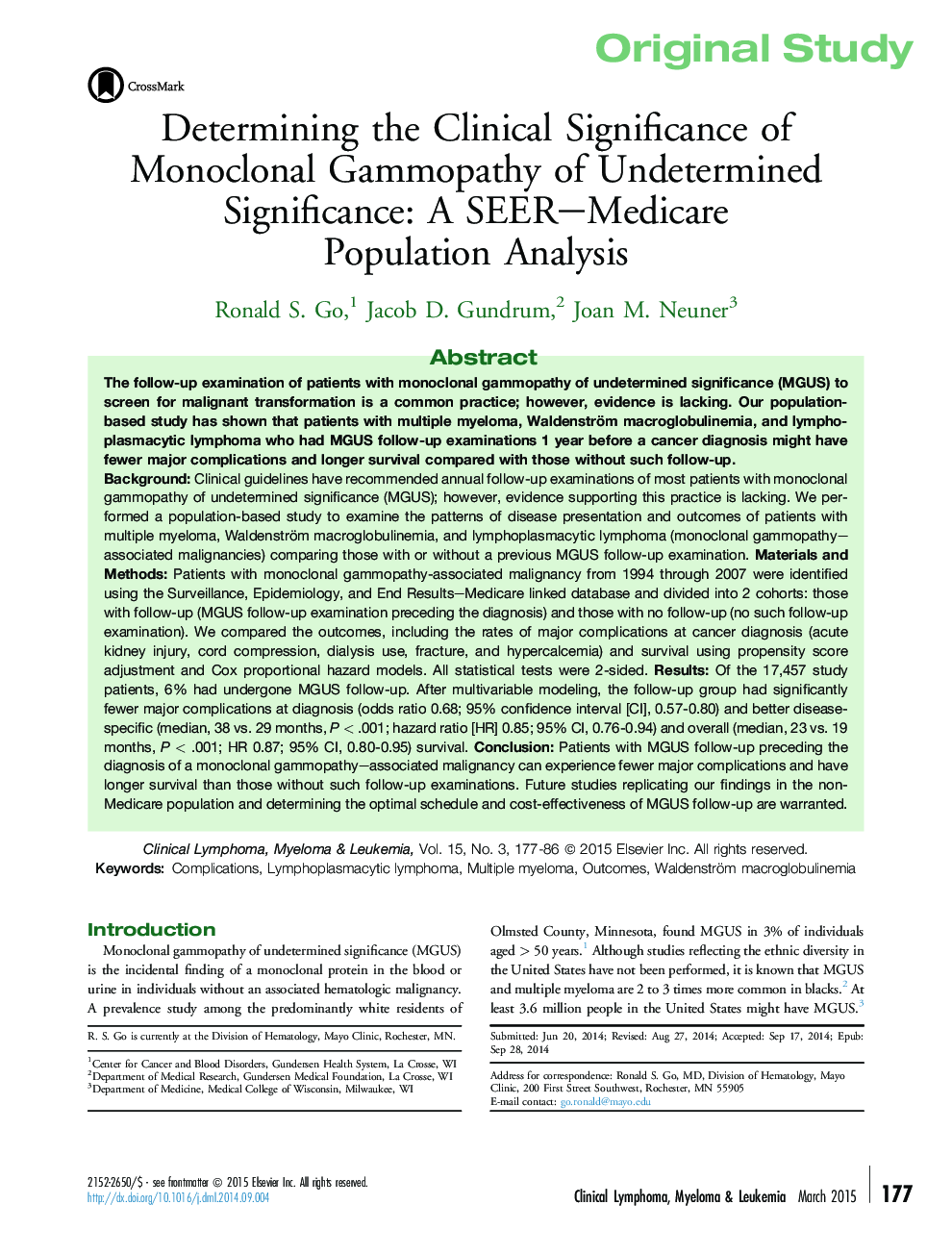 Determining the Clinical Significance of Monoclonal Gammopathy of Undetermined Significance: A SEER-Medicare Population Analysis